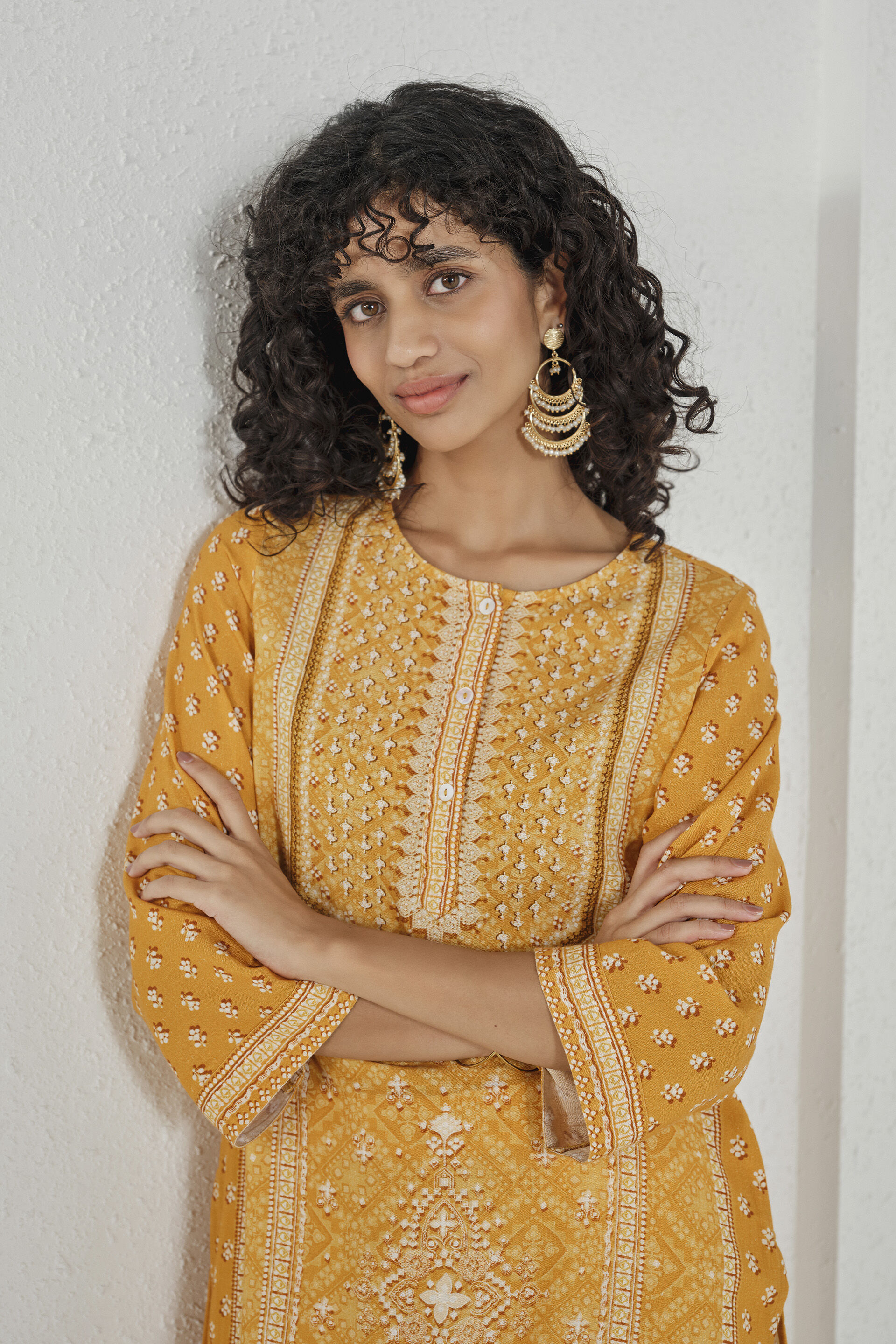 Deep Yellow Printed Kurta, Mustard, image 3